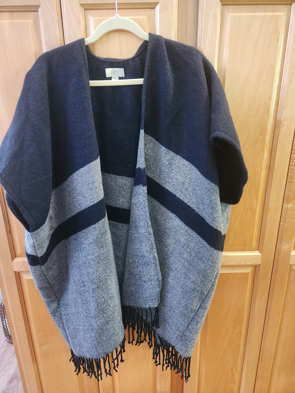 LOFT Navy and Gray Open Knit Fringe Sweater Wrap